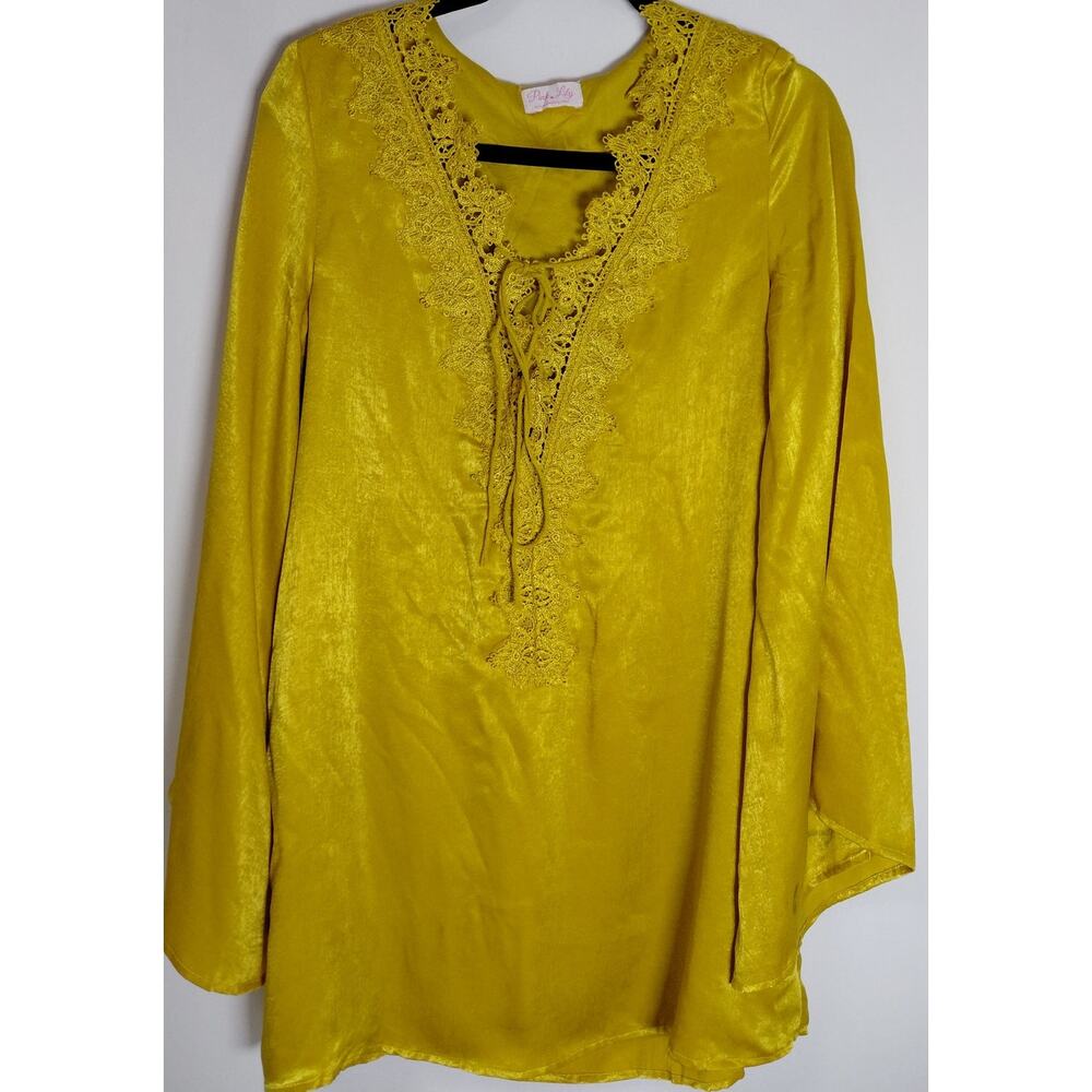 Pink Lily Lace Trim Tunic Top Yellow Solid Polyester Long Sleeve Size M